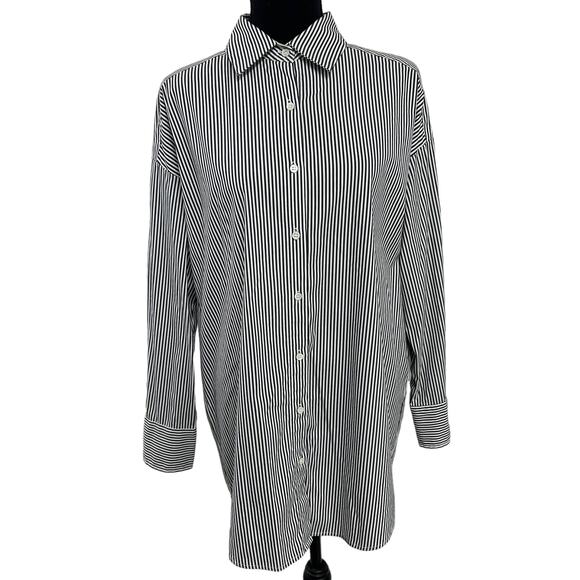 J. McLaughlin Grey White Striped Long Sleeve Button Down Top Medium - Picture 1 of 5